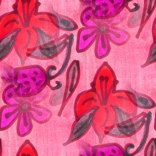 Бесшовные текстуры красный, розовые листья акварельные цветы обои — стоковое фото