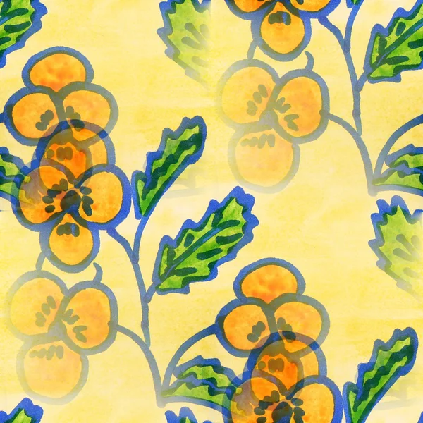 シームレスなテクスチャ黄色葉水彩花の壁紙 — ストック写真