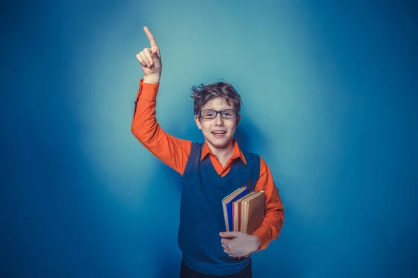 European-looking  boy of  ten  years  in glasses  thumbs up, the — Stock Photo, Image