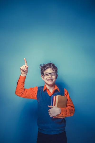 European-looking  boy of  ten years  in glasses  thumbs up, the — Stock Photo, Image