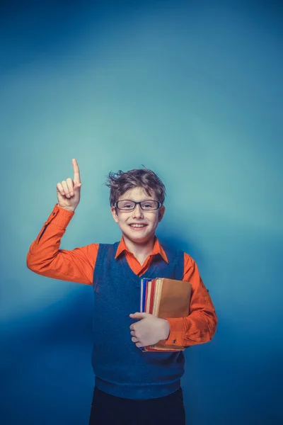 European-looking  boy of ten  years in glasses thumbs up, the id — Stock Photo, Image