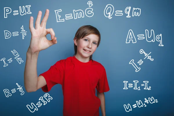 Teenage boy showing OK sign genius physics formulas infographics Royalty Free Εικόνες Αρχείου