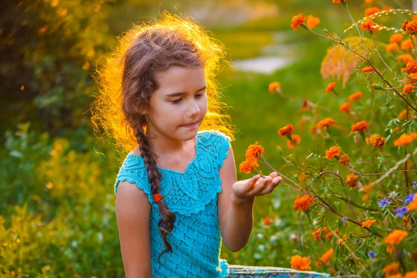 Дівчинка досліджує помаранчеву квітку в сумі заходу сонця — стокове фото