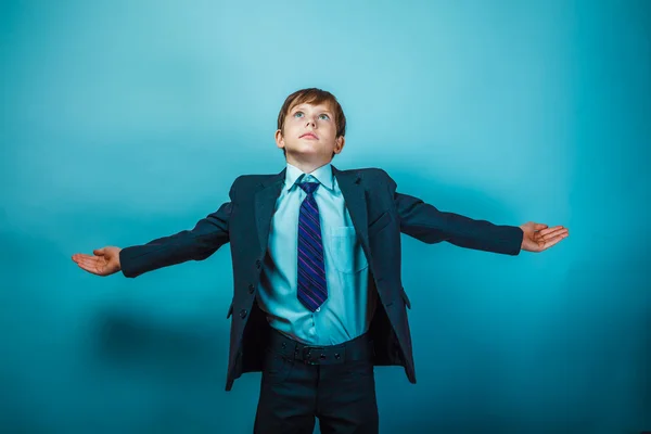 Teen boy businessman spread his arms look up dreams to fly like — Stock Photo, Image