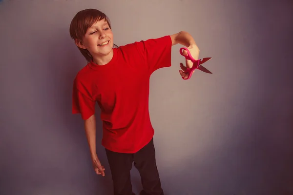 Garçon, adolescent douze ans dans la chemise rouge rouge tient de pa — Photo