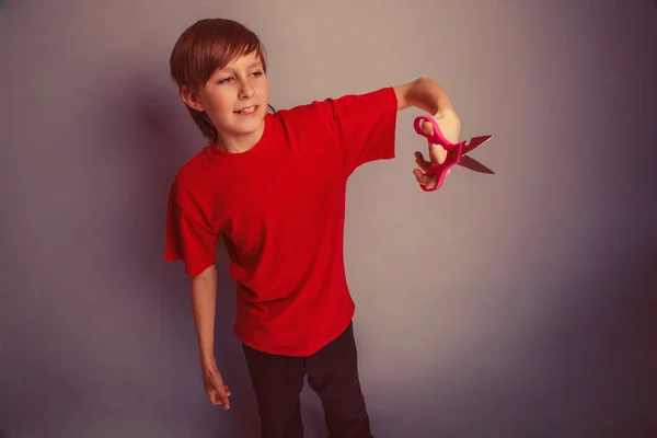 Ragazzo, adolescente, dodici anni in rosso camicia rossa è in possesso di p — Foto Stock