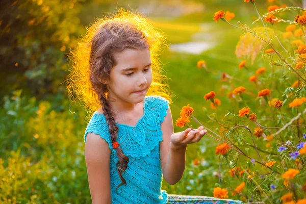 Girl child explores exploring orange flower in nature sunset sum — Stock Photo, Image