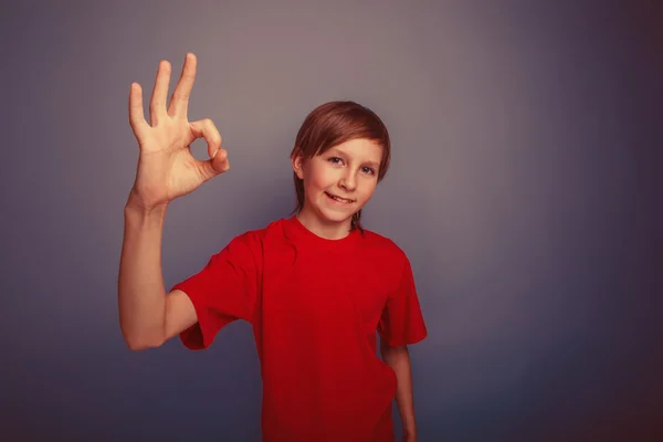 Genç çocuk on iki yaşında Avrupa görünüm ok SIG gösterilen — Stok fotoğraf