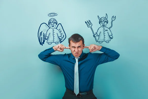 man businessman covering his ears whispers thoughts of an angel 