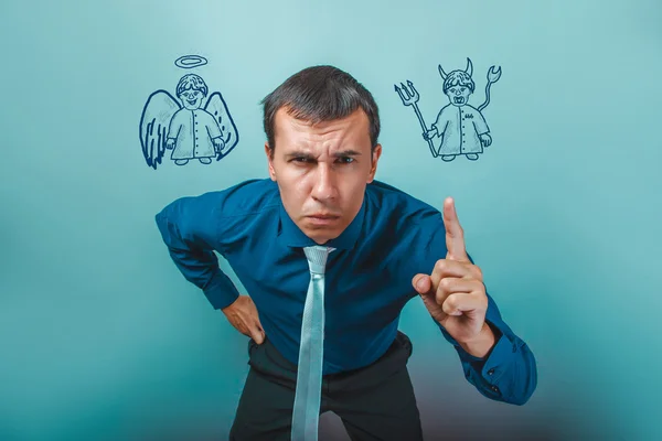 Hombre de negocios enojado muestra su dedo ángel diablo demonio infogra —  Fotos de Stock