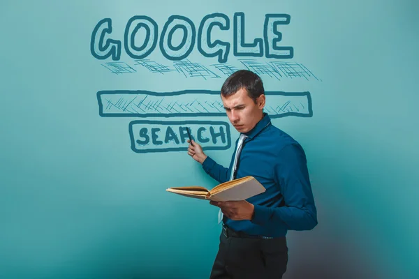 man shows a pointer to search Google holding a book infographics