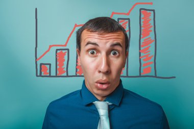 man surprised businessman opened his mouth, big eyes graph growt