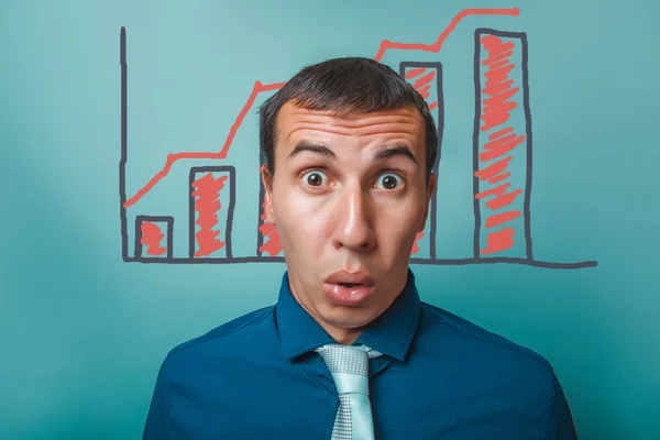 Man surprised businessman opened his mouth, big eyes graph growt — Stock Photo, Image