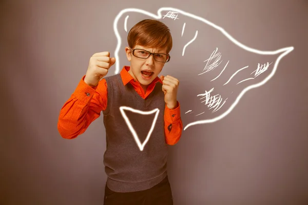 European-looking boy of ten years in glasses, anger, opened his — Stock Photo, Image