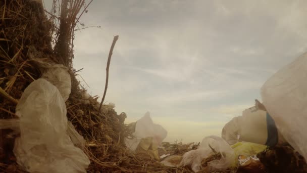 Homme au chômage décharge sans abri sale regarder déchets alimentaires dans une décharge vidéo sociale — Video