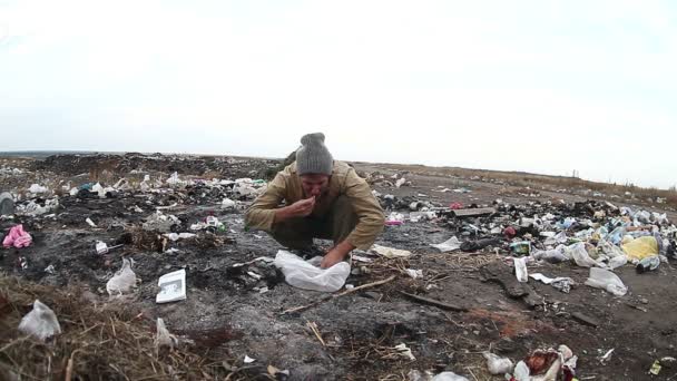 Dump unemployed homeless dirty looking food waste man in a landfill social video — Stock Video