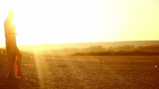 Jeune femme séduisante femme blonde sur la silhouette coucher de soleil d'un sable jaune lent sexy — Video