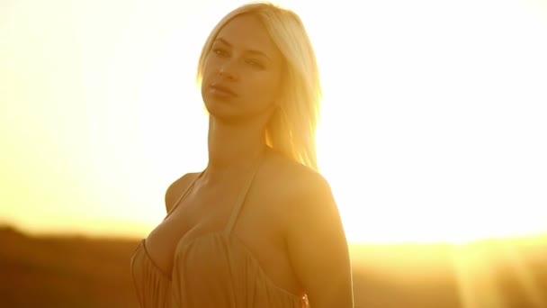 Silhouet jonge verleidelijke sexy portret meisje vrouw op zonsondergang gele woestijn zand — Stockvideo