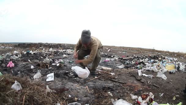 Выбрасывать безработных бездомных грязно выглядящих мужчин пищевые отходы на свалку социального видео — стоковое видео