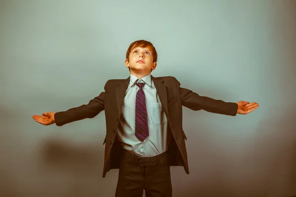 Teen boy businessman spread his arms look up dreams to fly like — Stock Photo, Image