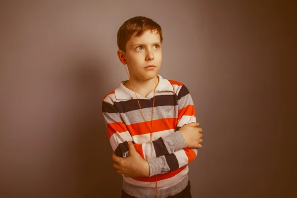 Adolescente chico de alrededor de diez europeo apariencia marrón escucha vacu — Foto de Stock