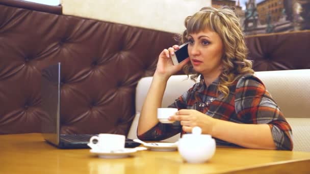 Žena na telefonu, pracující na přenosném počítači v kavárně hustě olejované průměrné stáří životního stylu — Stock video
