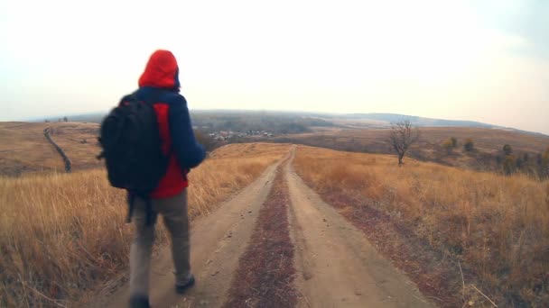 Hombre excursionista viajero con mochila en otoño está en camino a la naturaleza es un viaje solitario árbol — Vídeo de stock