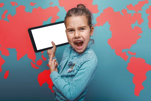 Adolescente mantener su tableta niña educación mapa del mundo fondo — Foto de Stock