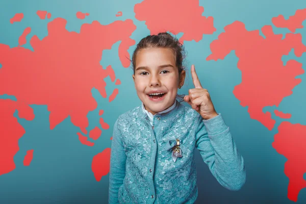 Teen ha alzato il dito fino idea ragazza mappa del mondo educazione sfondo — Foto Stock