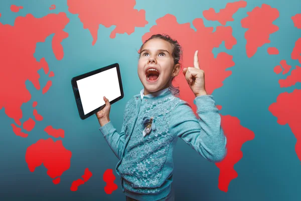 Adolescente mantener su tableta chica educación fondo mapa del mundo — Foto de Stock