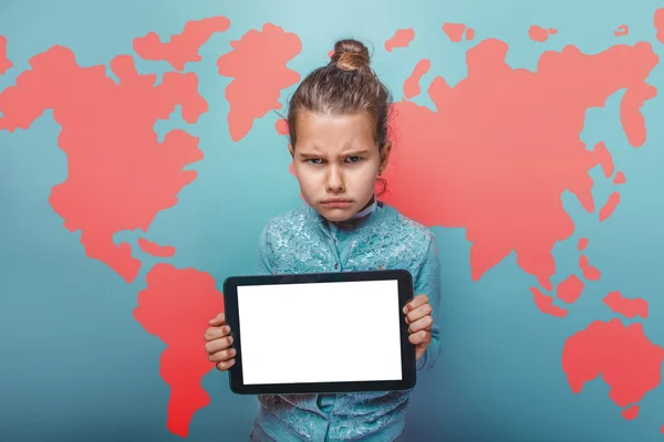 Teen girl angry evil keep your tablet  world map education background — Stock fotografie