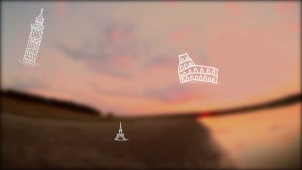Sunset symboler resa skiss Eiffel Tower Big Ben inskriptioner flyga bakgrund — Stockvideo
