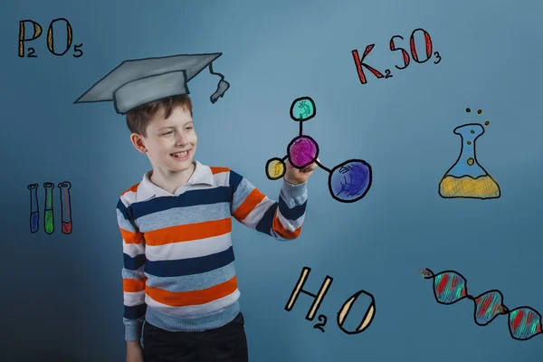 Insegnante ragazzo chimica adolescente studente mantiene molecola infografica — Foto Stock
