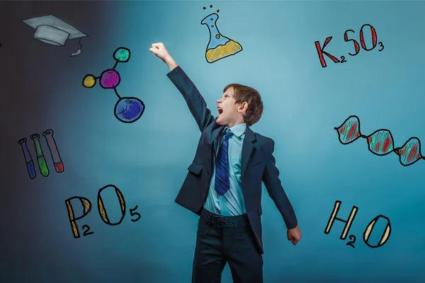 Вчитель хлопчик хімія підліток студент бізнесмен супергерой інформація — стокове фото