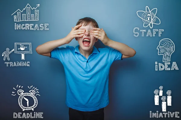 A boy in a blue shirt shouts hands eyes closed sketch icons set — 图库照片