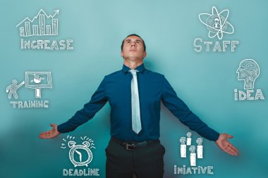 businessman man spread his arms out and looking up sketch icons