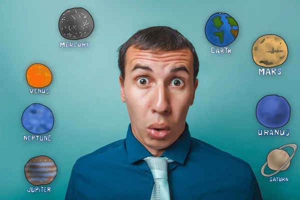 Businessman man wonders round eyes opened her mouth planets of t — Stock Photo, Image