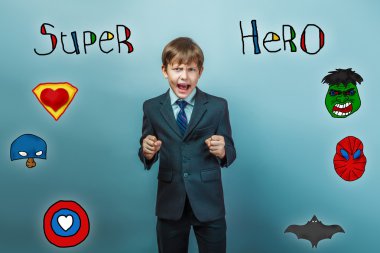 boy businessman he clenched fists and shouts angry superhero sup