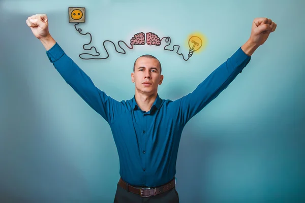 Male businessman raised his hands gesture of victory brain boost — 图库照片