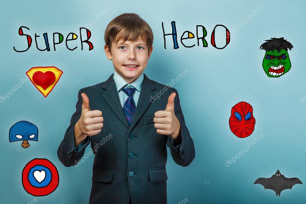 Boy in a suit style office showing sign smiling superhero and the super power of the photo studio Icons hero