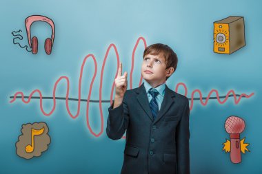 businessman boy frowned and points a finger up the sound wave mu