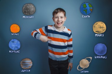 Teen boy points his finger down and laughs planets of the solar