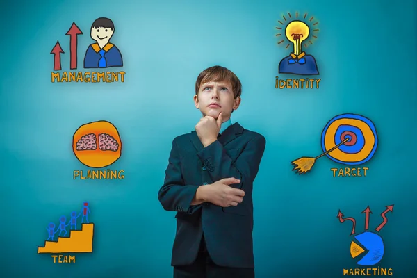 Boy businessman thoughtful wrinkled forehead with his hand on ch — Zdjęcie stockowe