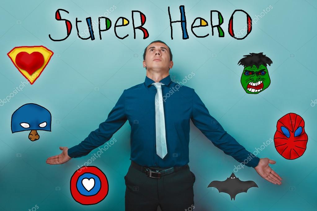 Businessman man threw back his head spread his arms wide apart superhero super power at the photo studio Icons hero