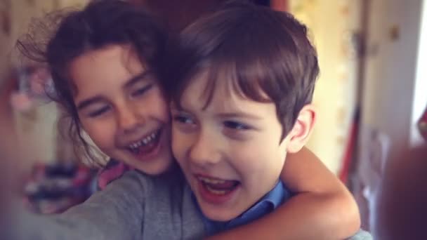 Boy girl hugging shout brother self and sister happiness — Stock Video