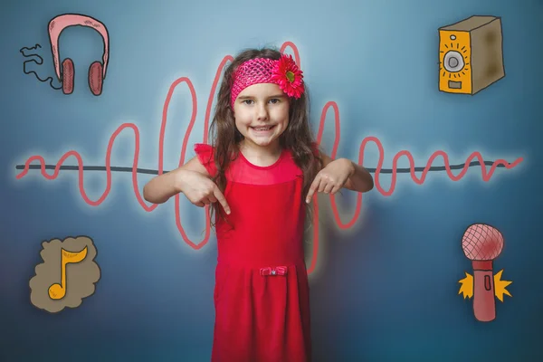 Girl in a pink dress shows thumbs down symbol of the sound wave — Stockfoto