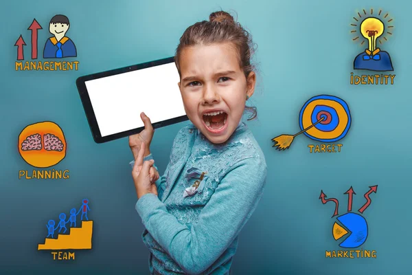 Girl points a finger at the plate and his mouth open screaming c — Stock Photo, Image