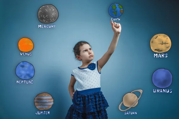 Teen girl holds finger grave Planet Earth Solar System Astronomy — стокове фото