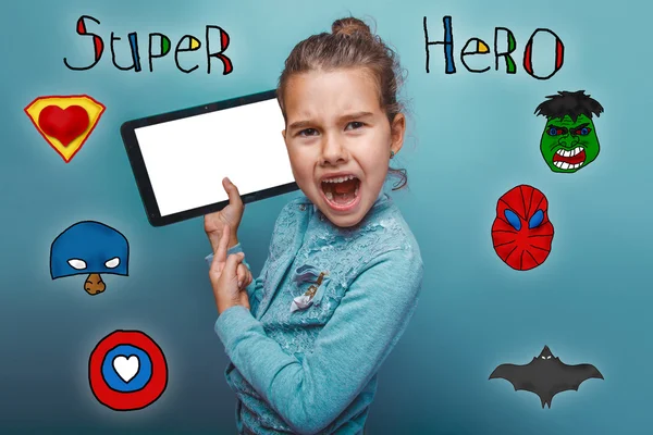 Girl holding a tablet and shouting his mouth open super hero sup — Stock fotografie