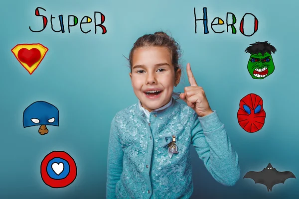 Girl thumbs up smile lifted insight super hero super power at th — Stock fotografie